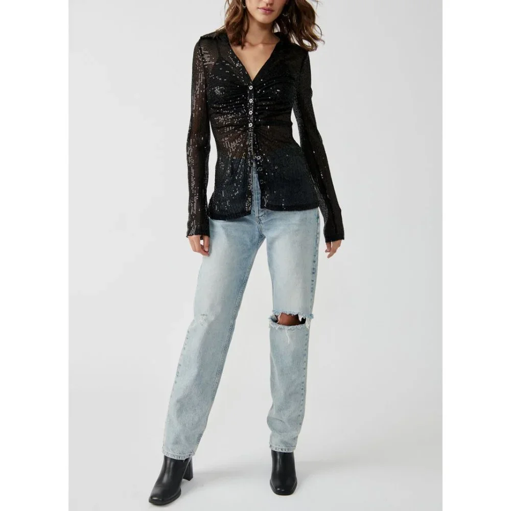 🎉LAST CHANCE🎉 FREE PEOPLE Sequin Shirtee / Black - Picture 5 of 6
